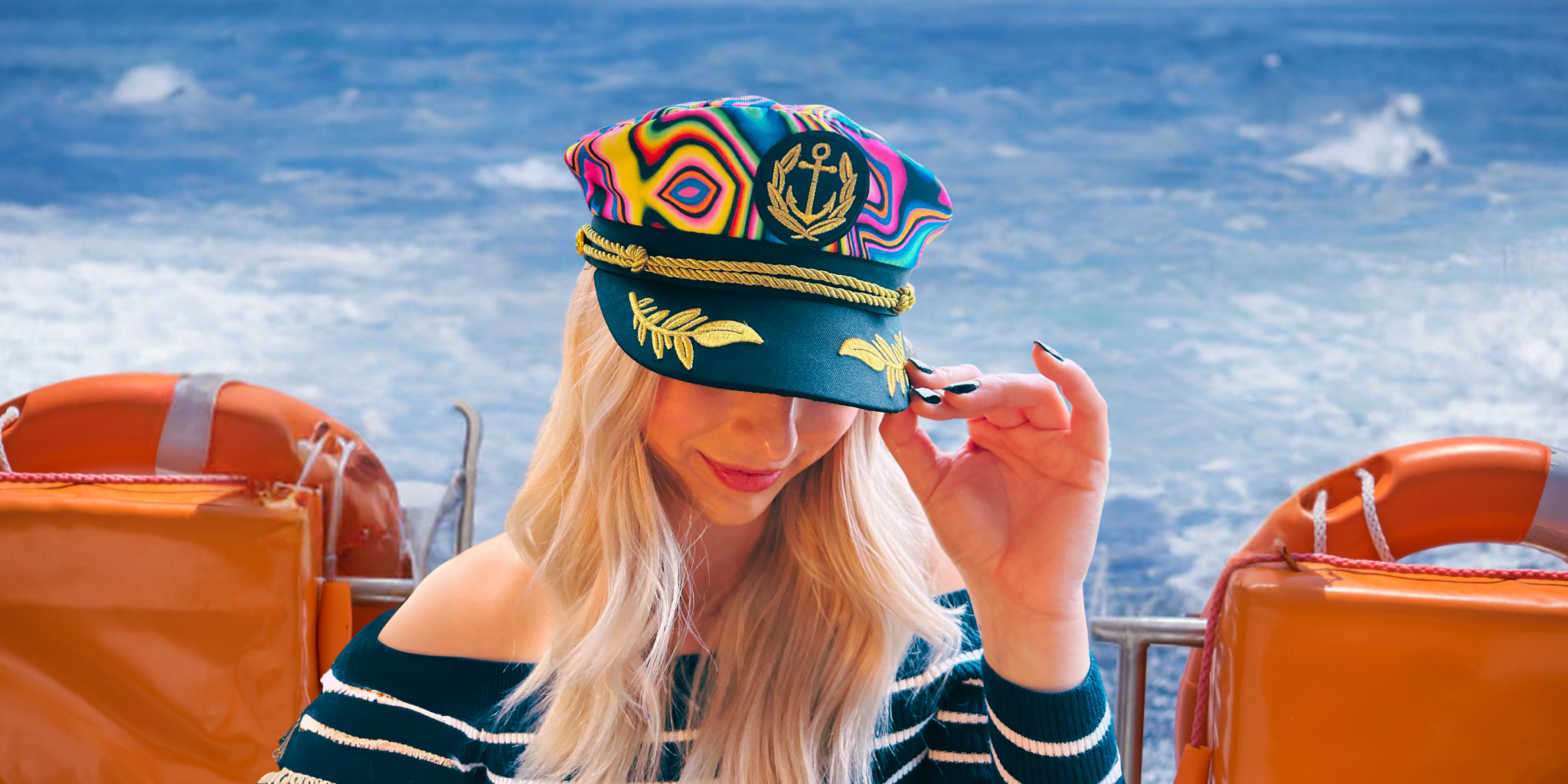 Trippy Captain’s colorful captain hat, crafted for comfort and a bold, vibrant look at parties and beach event